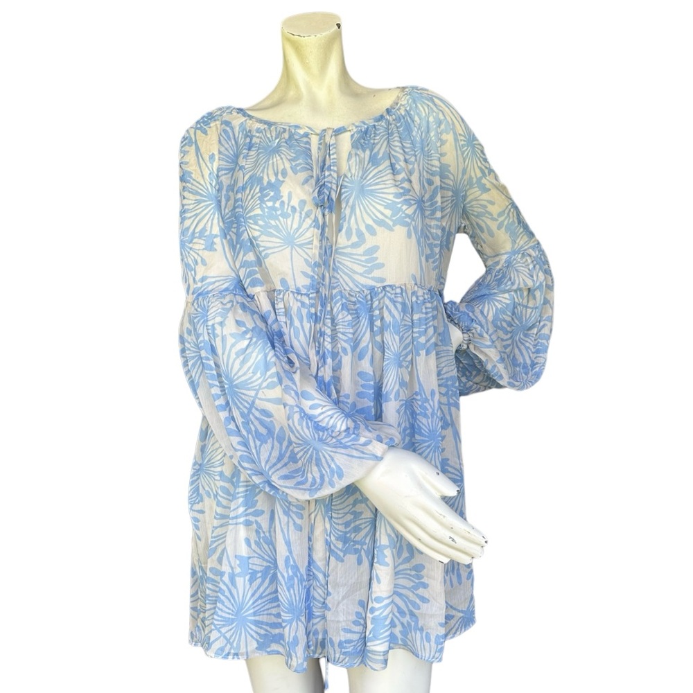 Amanda Uprichard Azure Blue & White Long Sleeve Babydoll Mini Dress Size small